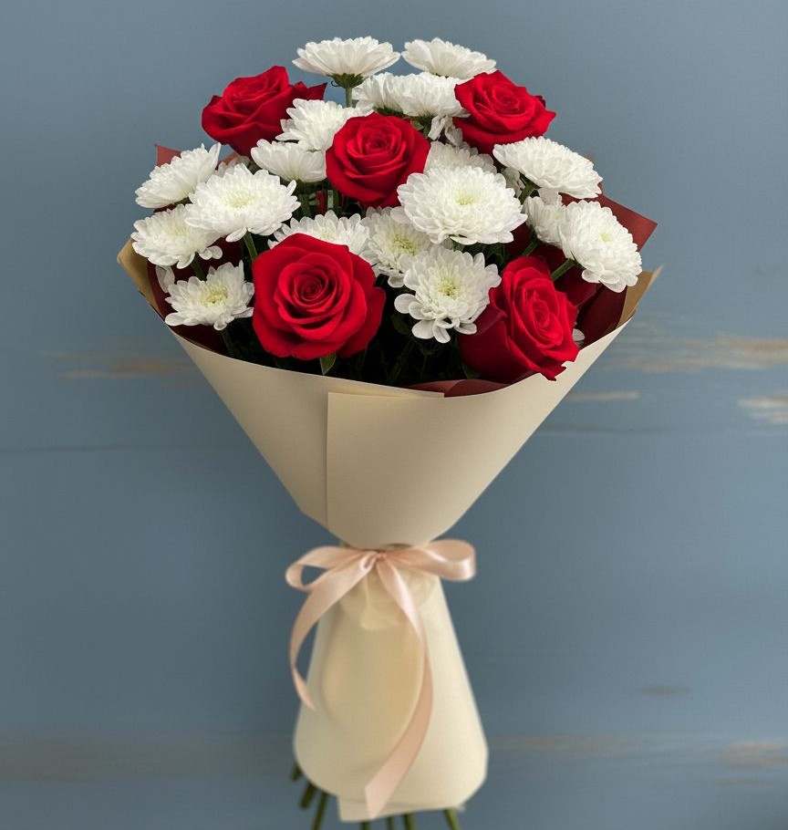 Букет романтическая гармония в Щучье Букет цветов из: Розы и Хризантемы в Щучье