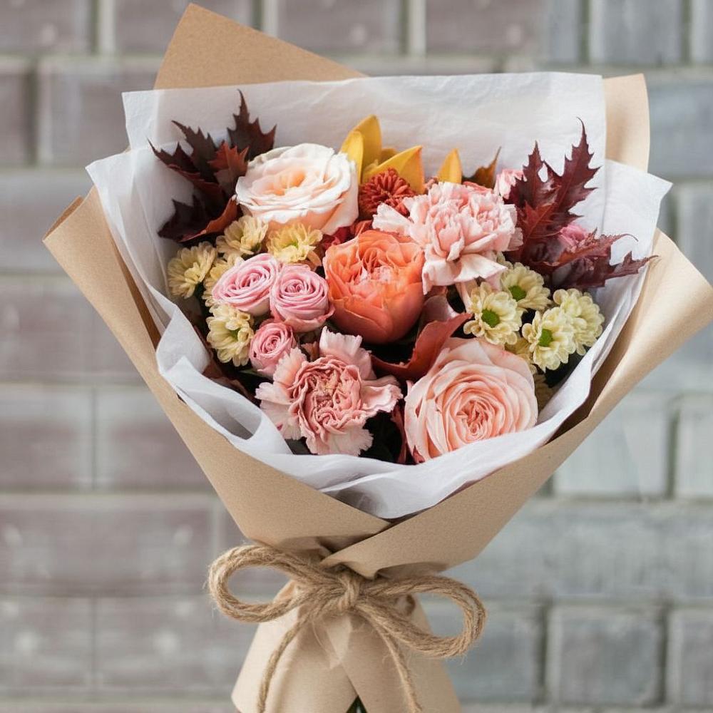 Букет осеннее настроение в Щучье Букет цветов из: Гвоздики, Хризантемы и Розы в Щучье