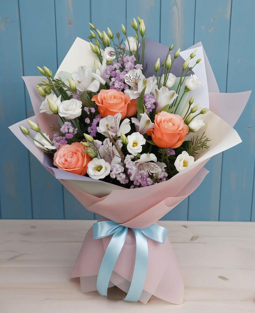 Букет Утренняя свежесть в Щучье Букет цветов из: Лизиантусы, Розы, Альстромерии и Гипсофила в Щучье