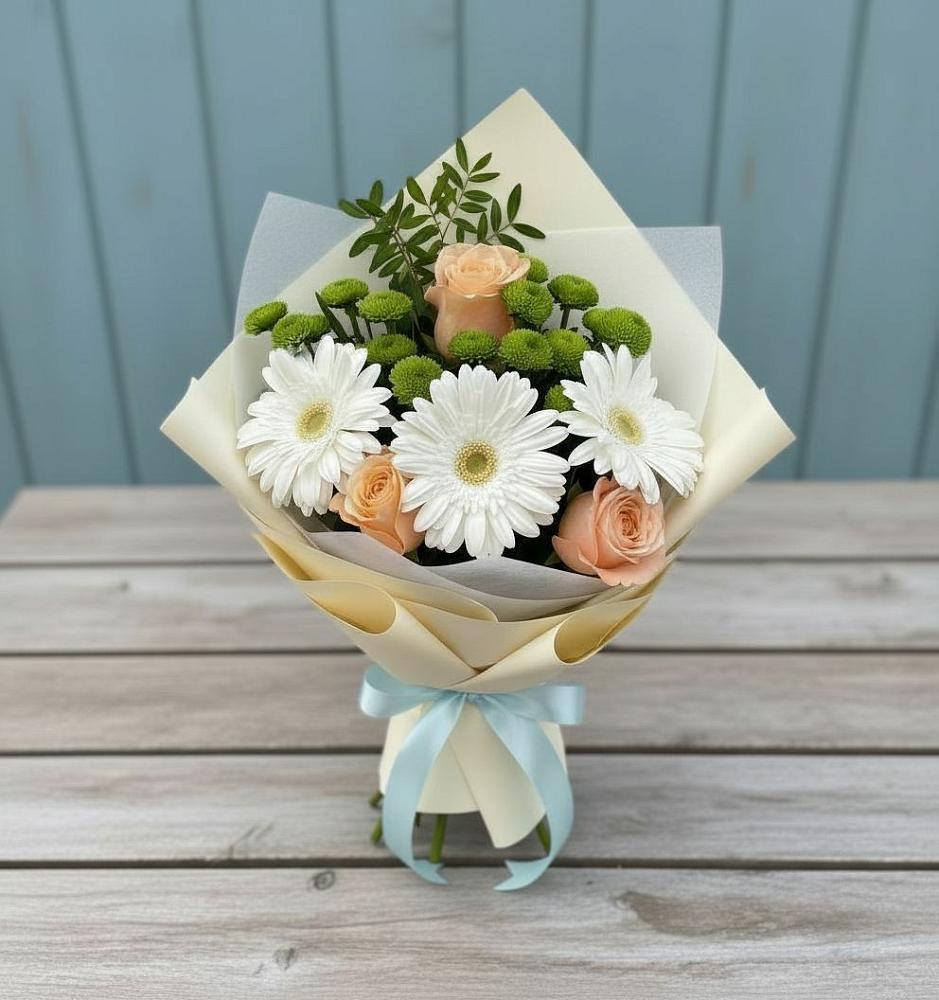 Букет герберы и розы в Щучье Букет цветов из: Герберы, Розы и Хризантемы в Щучье