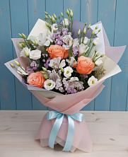 Букет Утренняя свежесть в Щучье Букет цветов из:  Лизиантусы, Розы, Альстромерии и Гипсофила в Щучье