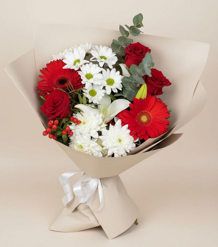 Букет поцелуй лета в Щучье Букет цветов из: Розы, Хризантемы, Герберы и Лилии в Щучье