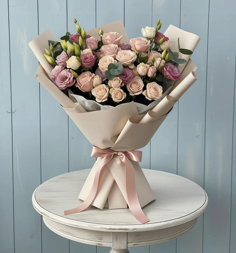 Букет бодрость в Щучье Букет цветов из: Розы и Лизиантусы в Щучье