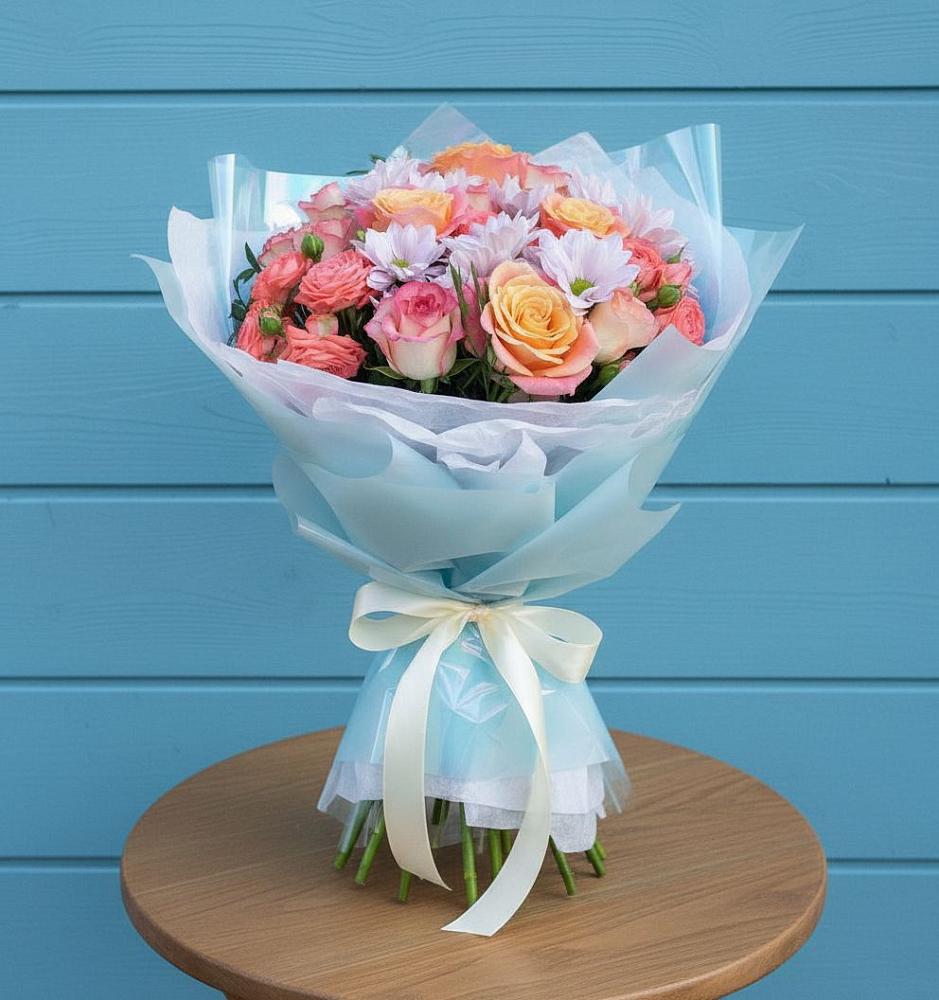 Букет Счастливые мгновение в Щучье Букет цветов из: Хризантемы и Розы в Щучье