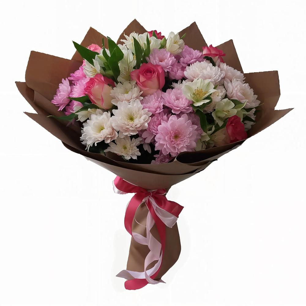 Букет Розовое очарование в Щучье Букет цветов из: Хризантемы, Альстромерии и Розы в Щучье