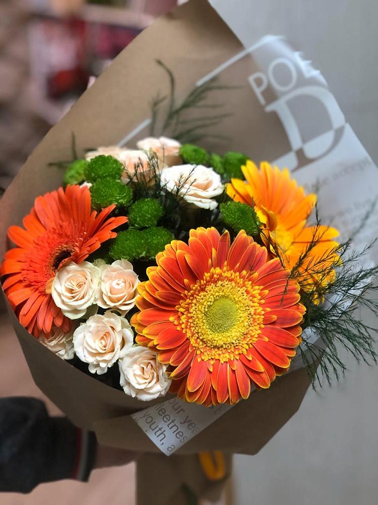 Букет желтый закат в Щучье Букет цветов из: Герберы, Хризантемы и Розы в Щучье